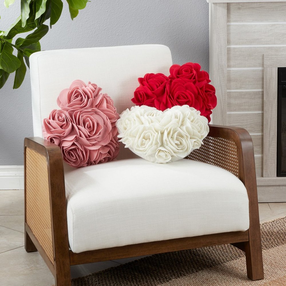 Heart Shaped Flower Felt Pillows, 13" poly filled decorative accent throw pillow